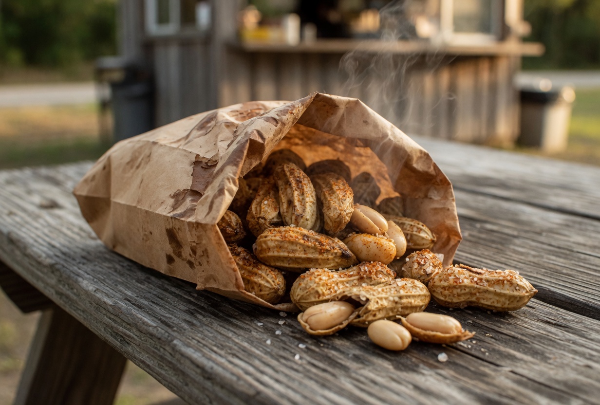 Steaming boiled peanuts in a brine-stained brown paper bag on a weathered Lowcountry picnic table