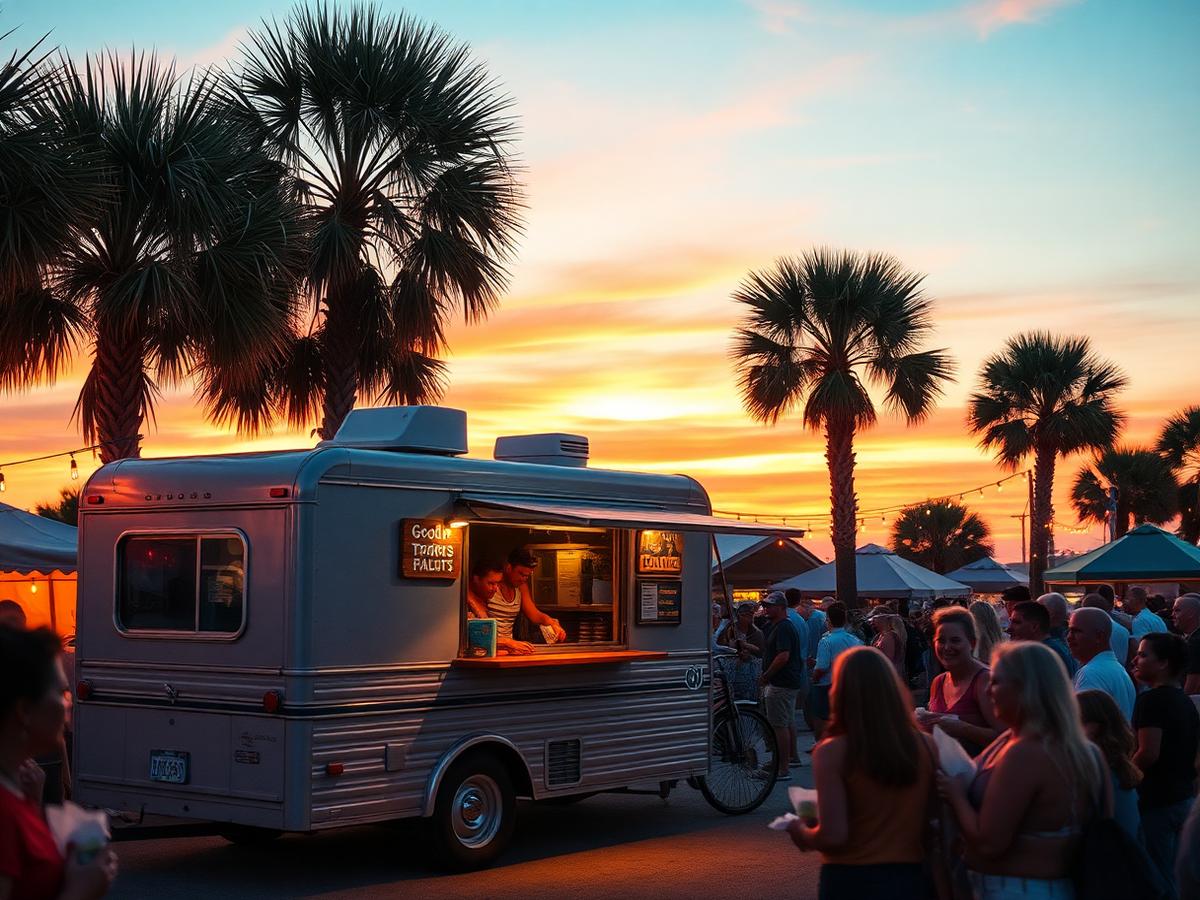 Food truck at dusk under palmetto trees with festival crowd