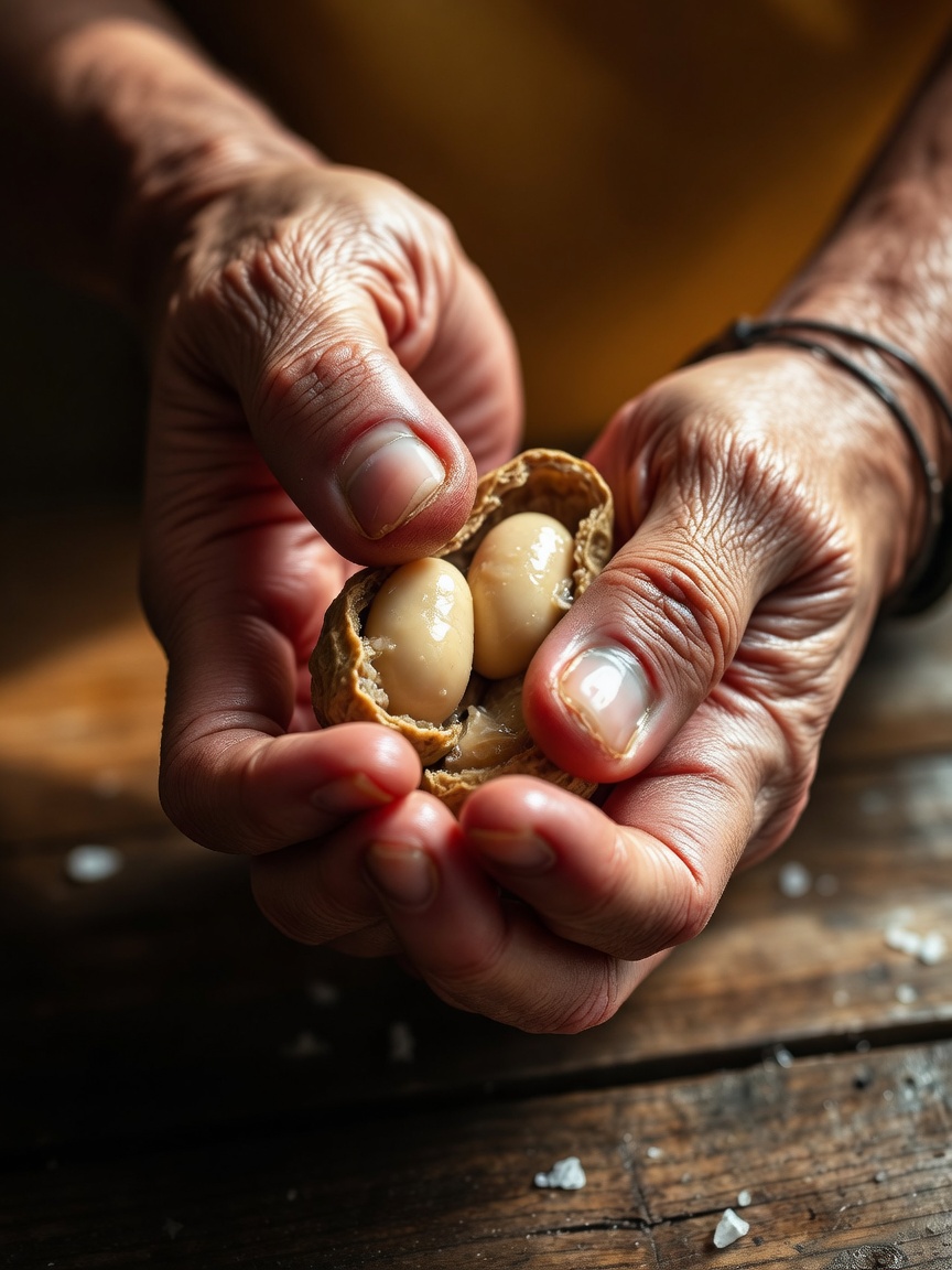 Weathered hands cracking open a wet boiled peanut to show the pale kernels inside