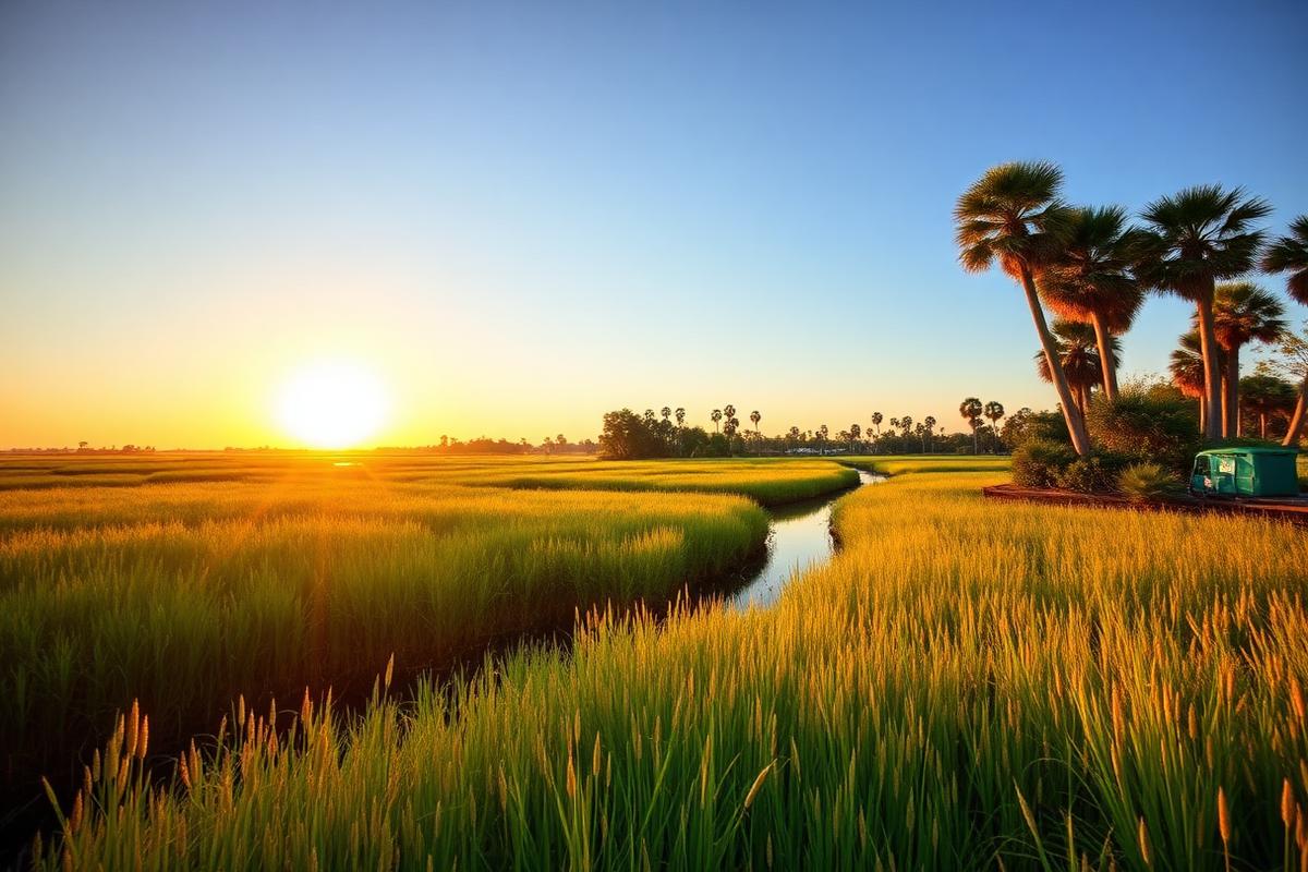 South Carolina coastal marsh at golden hour with palmetto trees