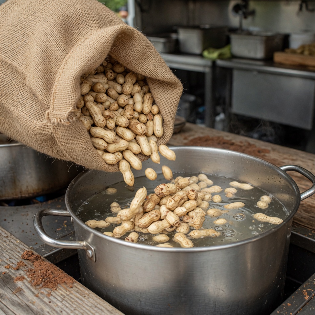 Raw in-shell Carolina peanuts pouring from a burlap sack into a pot of cold water