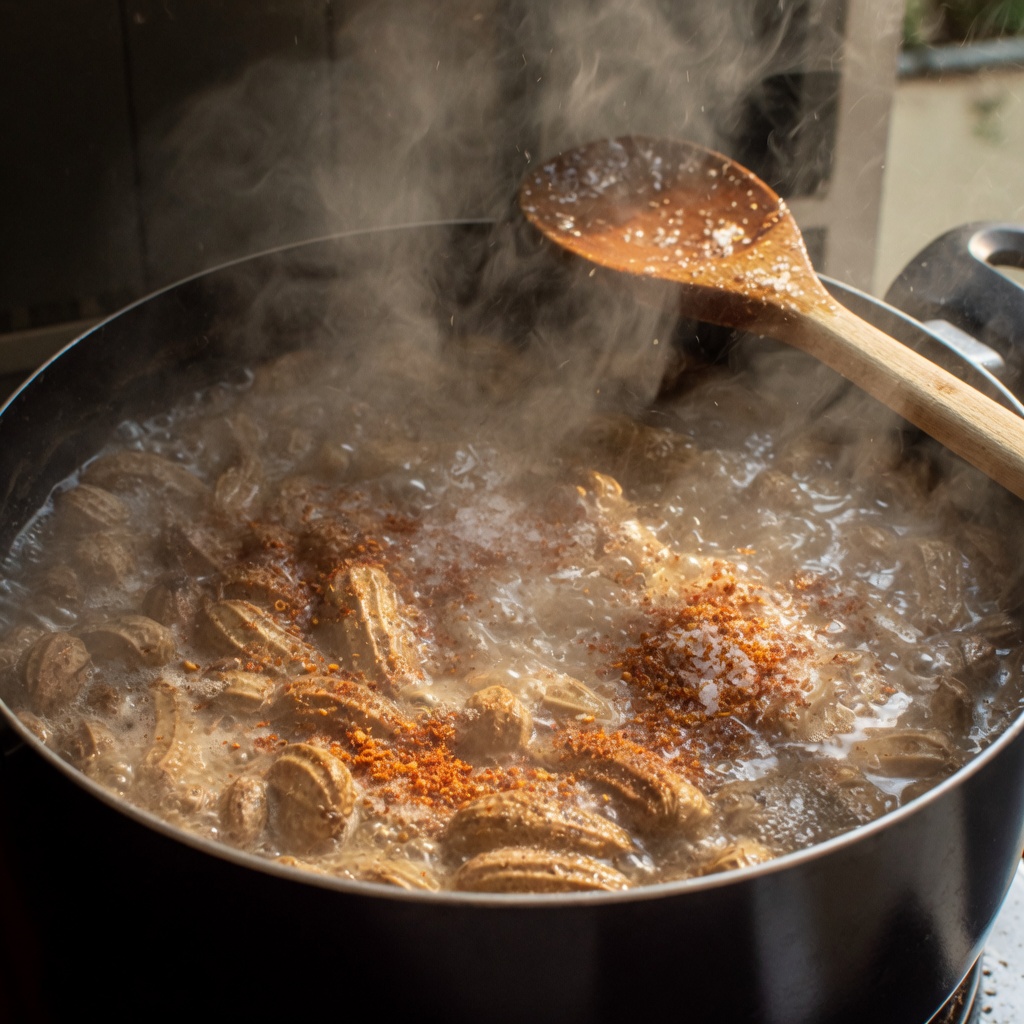 A pot of boiled peanuts simmering in salty Cajun brine with steam rising
