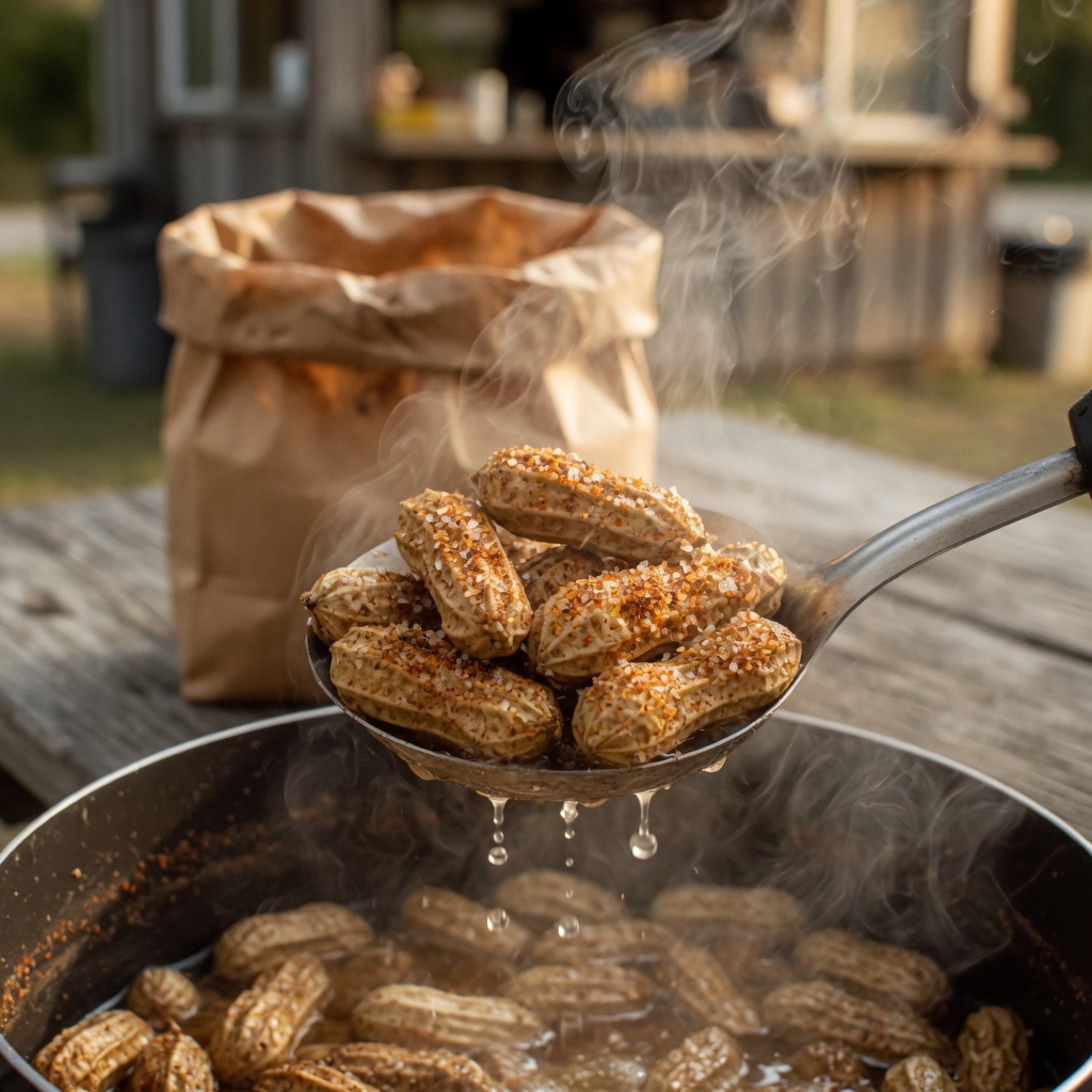 A ladle lifting hot seasoned boiled peanuts over the pot, paper bag waiting behind